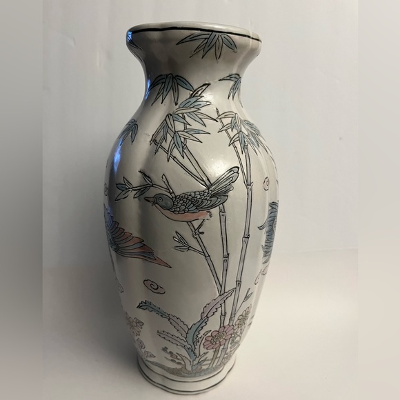 Asian Ginger Jar Vase, Chinoiserie Ginger Jar Vase Birds in Lotus Pond - Picture 3 of 5